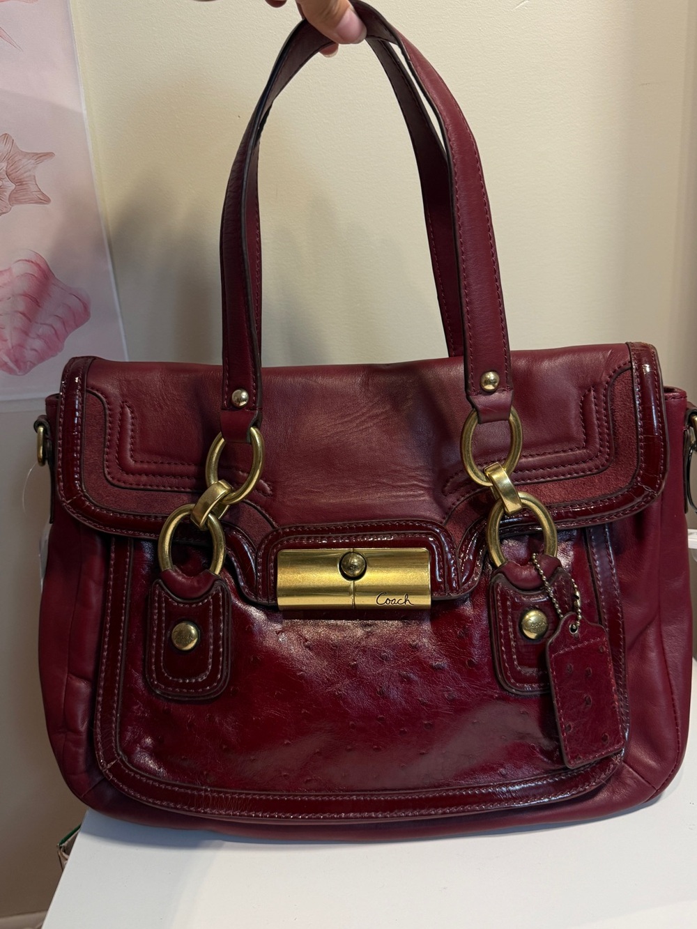 Coach Women's Ostrich Leather Satchel in Burgundy